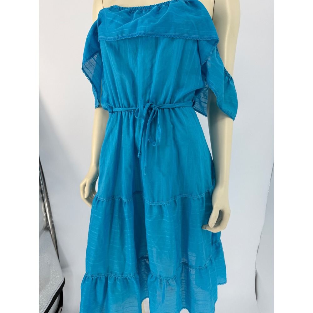 1970s‎ Blue Off Shoulder Prairie Dress Cottagecore Boho Gauze Small